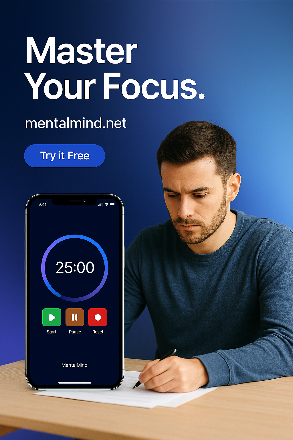 MentalMind app interface showing Pomodoro timer and task management